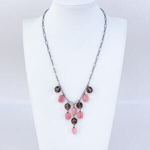 Vintage Sterling Silver 925 Smoky Rose Quartz Dangle Bib Necklace 16"-17"